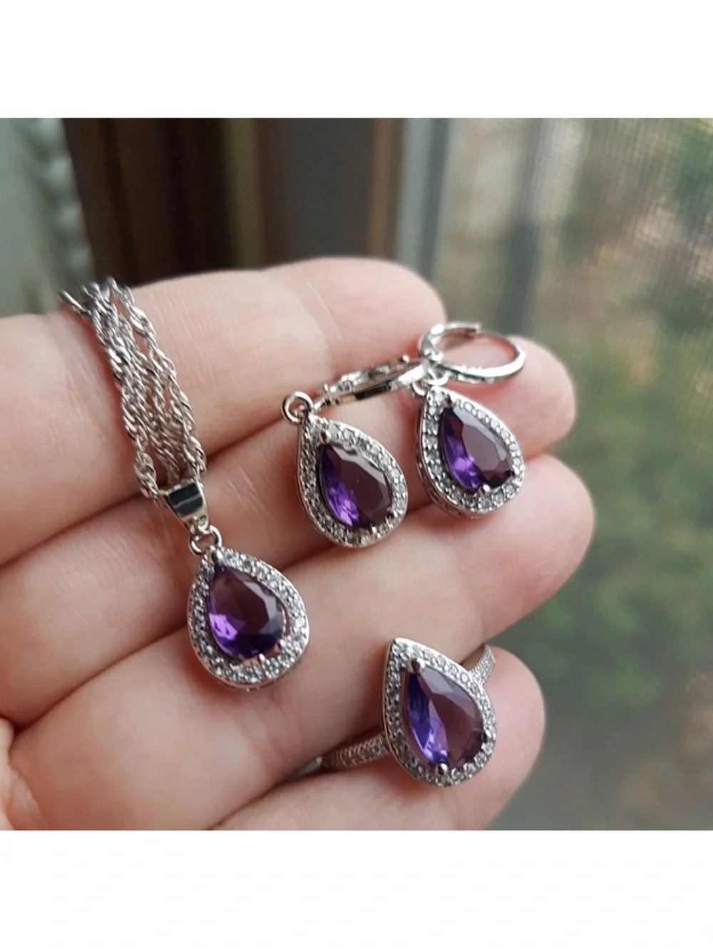 Swarovski Elements 925 Sterling Silver Amethyst Purple Teardrop Ring NEW